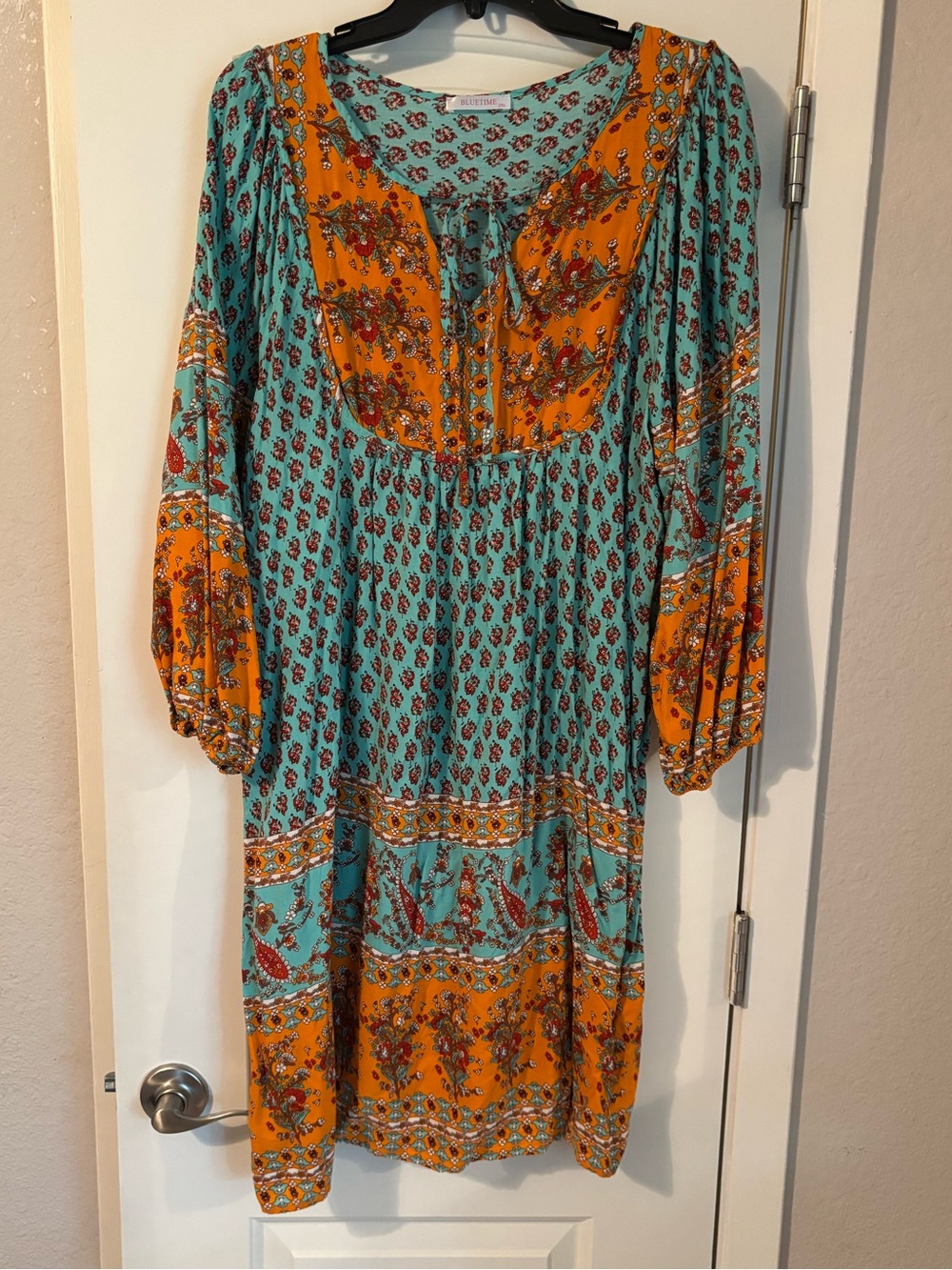 Boho Floral Long-Sleeve Midi Dress in Teal and Orange